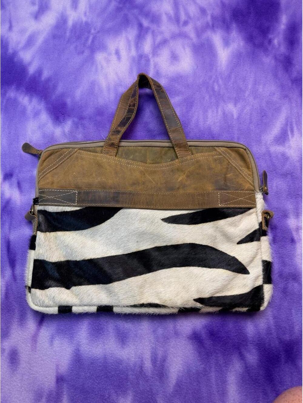 Myra bag cowhide zebra and brown leather laptop bag